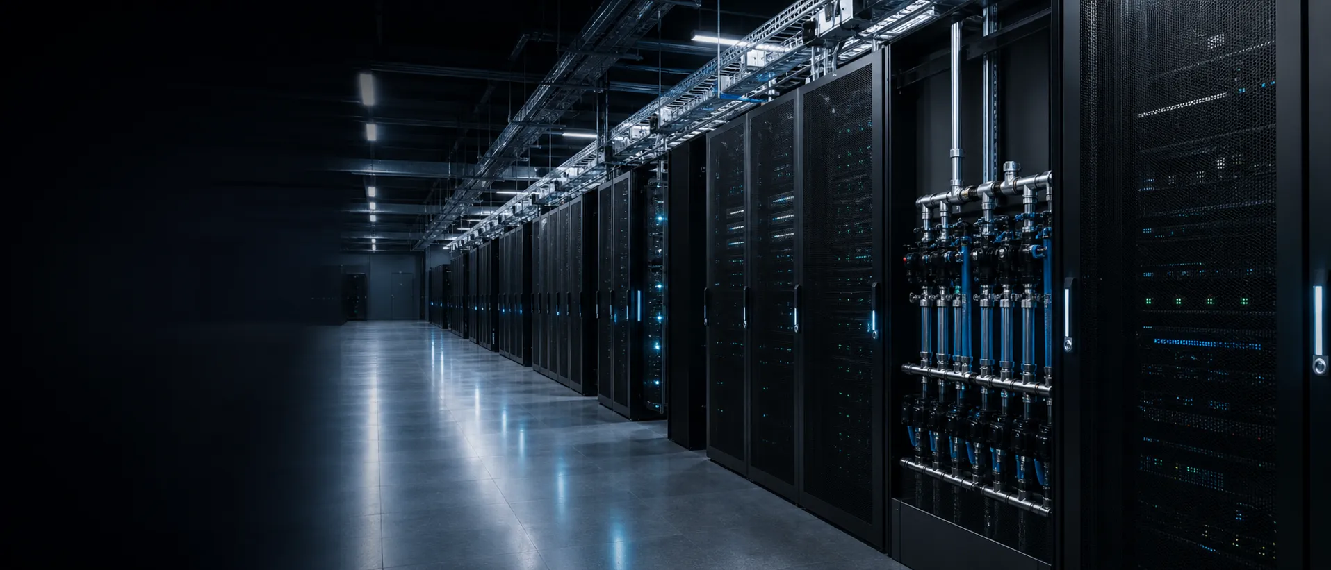 Server hall with technical equipment and illuminated server rows