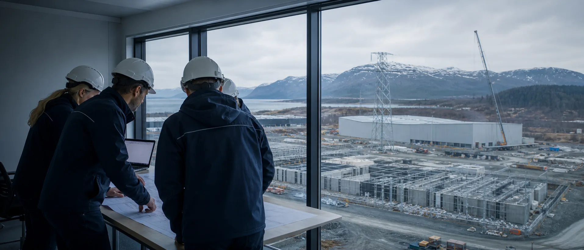 Engineers with drawings overlooking a data centre construction site by the fjord